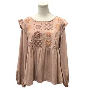 Savanna Jane Baby Doll Embroidered Top 100% Cotton Long Sleeves Boho Large Pink